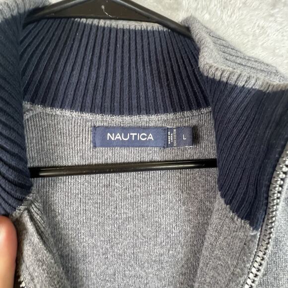 Nautica Mens L Full Zip Mock Neck Cardigan Sweater Gray Horizontal Rib Pockets - Picture 4 of 12